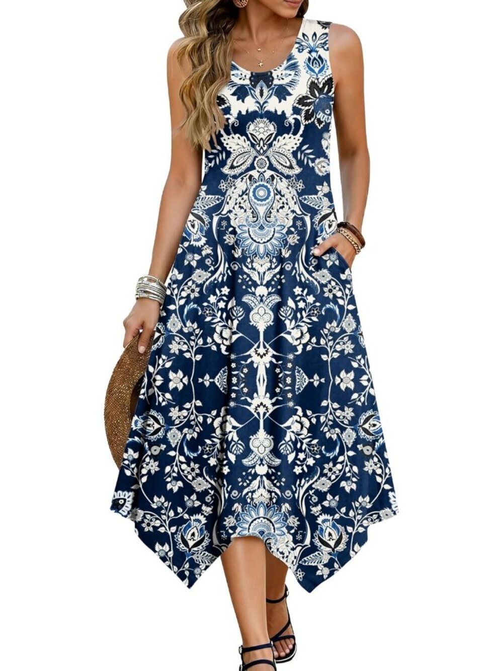 Hotouch Women's Floral White Blue Sleeveless Sundress Hankerchief Beach Dress